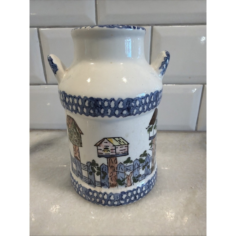 Vintage Painted ceramic Milk Can With Bird HousDecorative Kitchen Utensil Holder